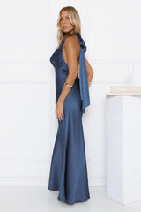 Glitz Gathering Halter Satin Maxi Dress Navy